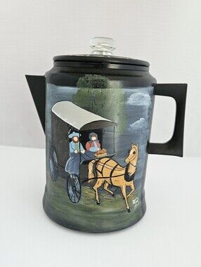 Vtg. Comet Aluminum Coffee Percolator,  Hand-Painted Amish Buggy Collectable
